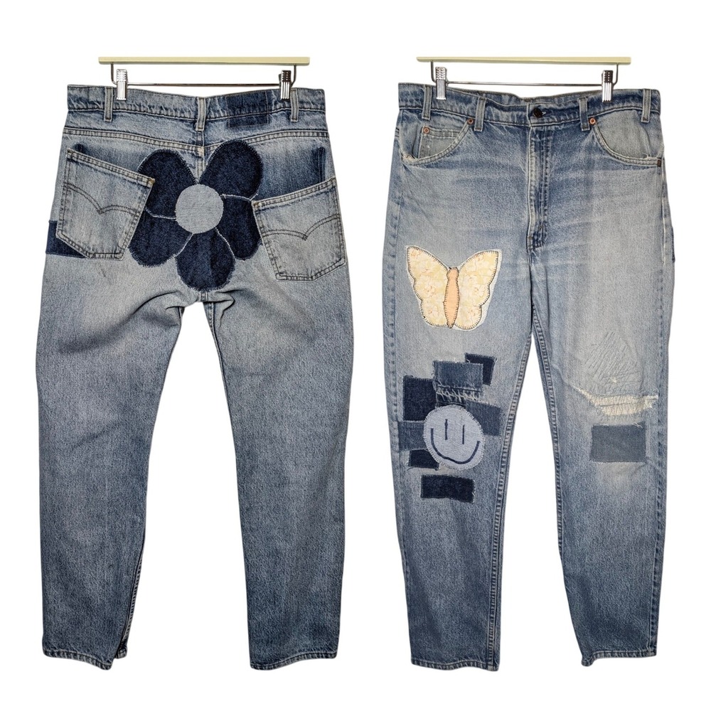 Vintage 80s Levis 505 Made in USA‎ Reworked Patchwork Custom Denim Jeans 35 × 31